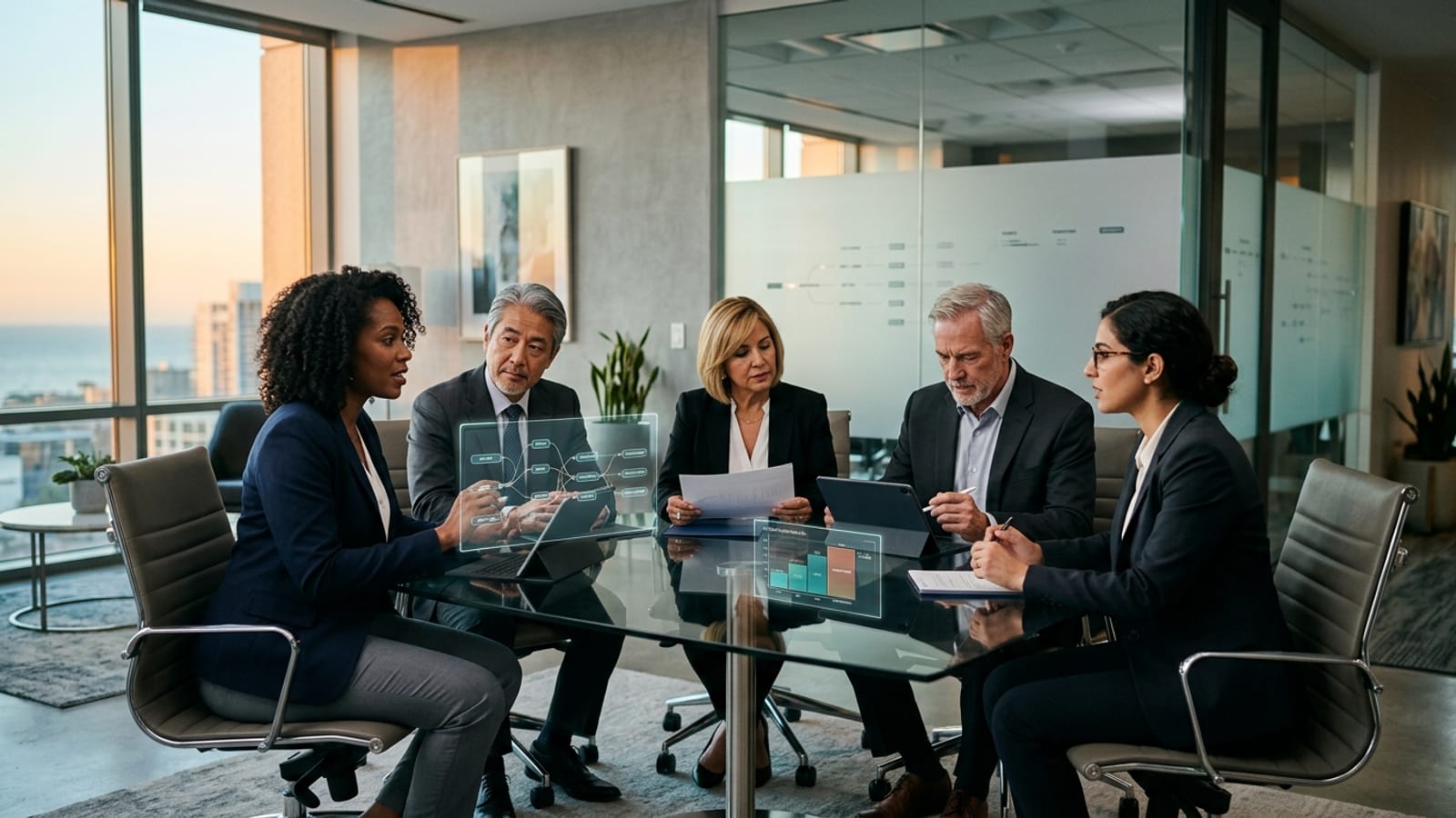 AptitudeJobs Data Governance consultants collaborating around a glass conference table with subtle data lineage visualizations