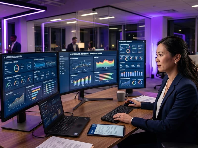AI governance lead reviewing model risk dashboards on large monitors