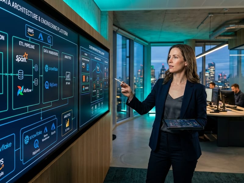 Data architect reviewing pipeline architecture diagrams on large screens