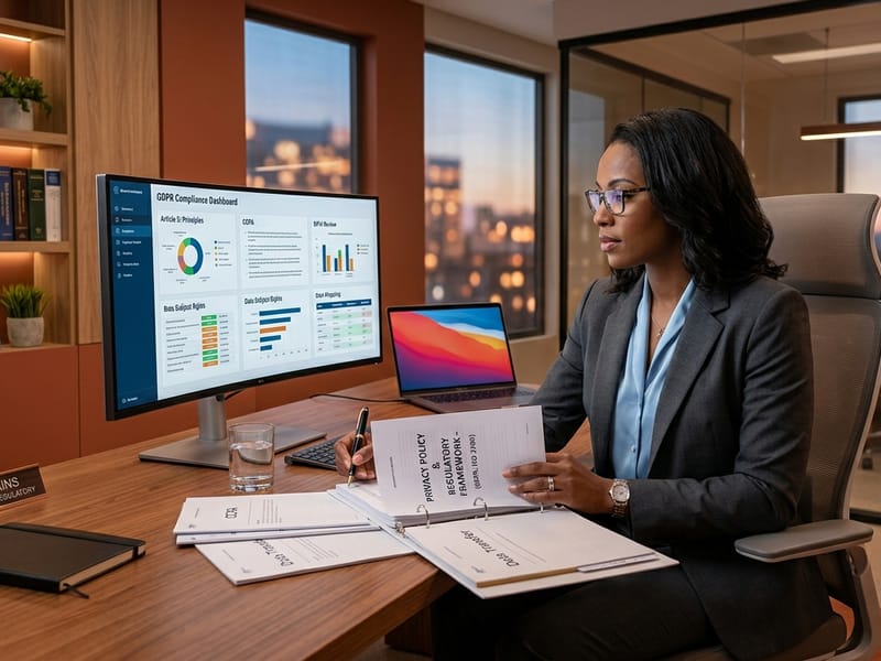 Legal professional reviewing compliance documents in a modern law office
