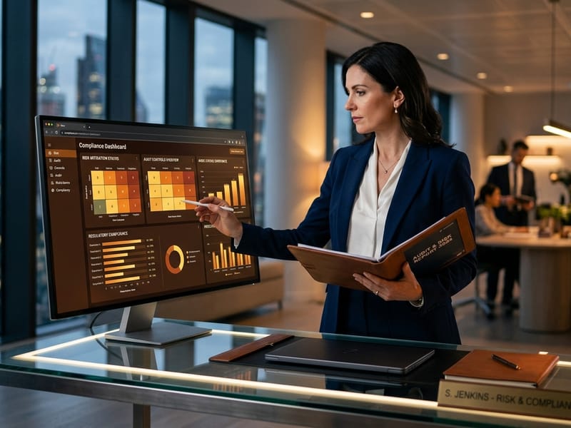 Risk officer reviewing audit controls and compliance dashboards