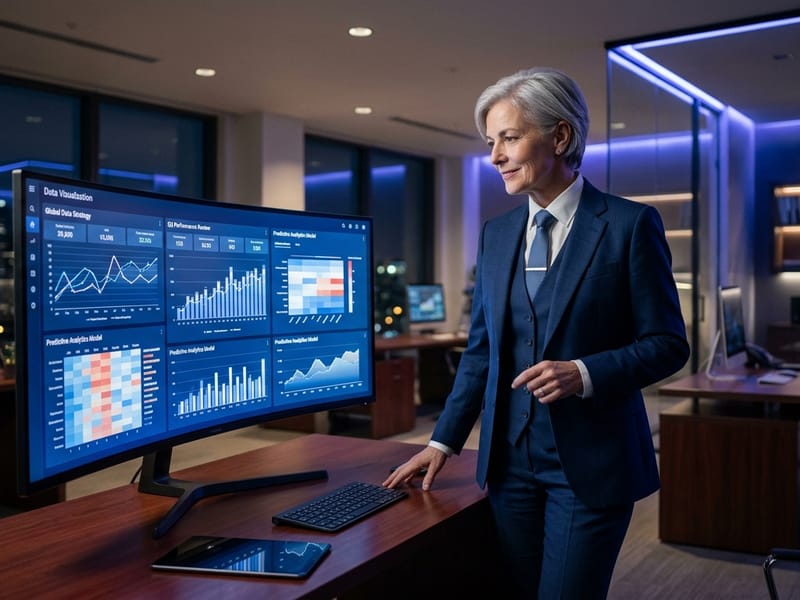 Senior data executive reviewing a strategy dashboard in a modern office