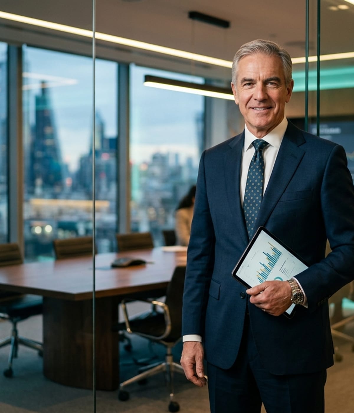 Chief Data Officer standing in a modern glass-walled boardroom with teal and gold accent lighting
