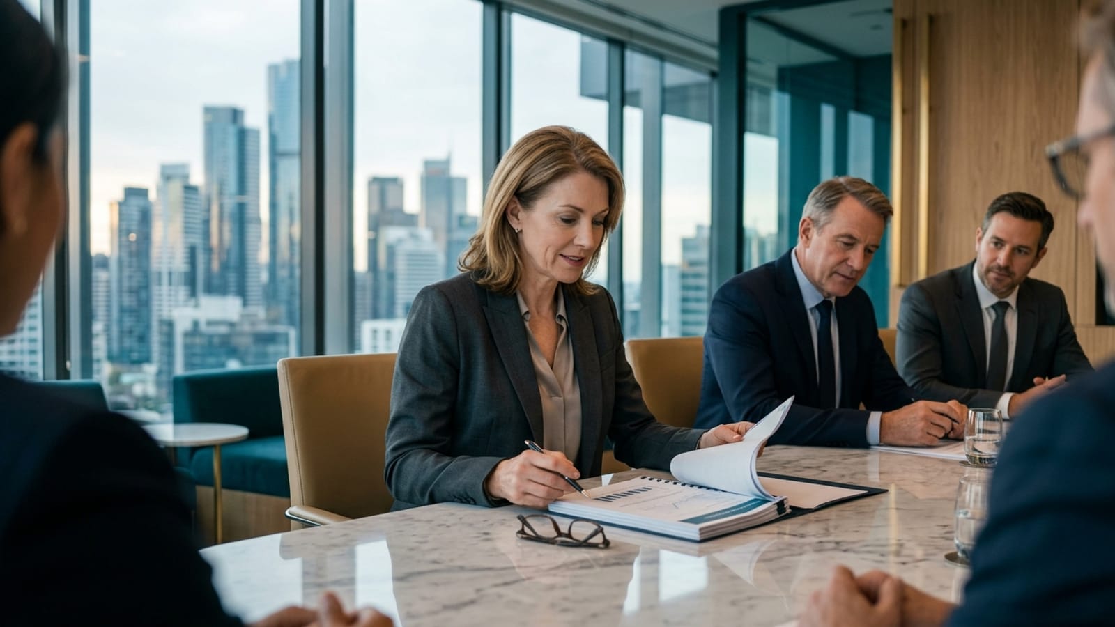 Senior Data Governance leadership team reviewing governance documents in a modern boardroom